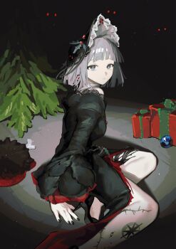 Rule 34 | 1girl, black background, black dress, black hat, black nails, black shoes, blue eyes, blunt bangs, blunt ends, box, christmas tree, closed mouth, dress, foot out of frame, from side, gift, gift box, grey hair, hat, high heels, highres, juliet sleeves, leg tattoo, long sleeves, looking at viewer, mercuria (reverse:1999), nats (d0ughnats), official alternate costume, puffy sleeves, reverse:1999, shoes, short hair, sitting, solo, tattoo, yokozuwari