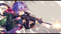 1girl ajishio backpack bag black_jacket blue_gloves breasts dress female_focus fingerless_gloves firing frills gloves gun hair_ornament highres holding holding_gun holding_weapon hood hood_down hooded_jacket jacket letterboxed long_hair long_sleeves looking_away muzzle_flash open_clothes open_jacket purple_dress purple_eyes purple_hair ribbon short_hair_with_long_locks sidelocks small_breasts solo strapless strapless_dress tube_dress upper_body vocaloid voiceroid weapon yuzuki_yukari