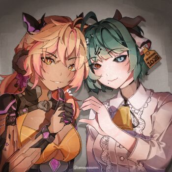 Rule 34 | 2girls, absurdres, ahoge, animal ear fluff, animal ears, bell, black ribbon, black sclera, blonde hair, bottle hair ornament, breasts, bright pupils, cleavage, closed mouth, collared shirt, colored sclera, commentary, cow ears, cow girl, cow horns, cowbell, crelly (vtuber), cyborg, dark-skinned female, dark skin, ear tag, english commentary, fang, fingernails, green hair, grey sclera, hair intakes, hair ornament, hairclip, heart hands failure, heterochromia, highres, horns, indie virtual youtuber, koko d. nuts, lastingequinox, long hair, long sleeves, mismatched sclera, mole, mole under mouth, monkey ears, monkey girl, multicolored hair, multiple girls, neck bell, neck ribbon, pink hair, red eyes, ribbon, scar, scar across eye, scar on face, second-party source, shirt, skin fang, smile, thumbs up, two-tone hair, upper body, virtual youtuber, white eyes, white pupils, white shirt, yellow eyes