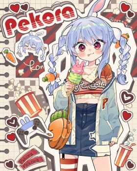 1girl :3 :p animal_ear_fluff animal_ears blue_hair blue_jacket blue_skirt blush_stickers bow braid carrot_hair_ornament character_name chibi chibi_inset closed_mouth commentary_request controller cowboy_shot cup denim denim_skirt drinking_straw food food-themed_hair_ornament game_controller grid_background hair_bow hair_ornament highres holding holding_food holding_ice_cream hololive ice_cream jacket long_hair long_sleeves looking_at_viewer multicolored_hair notamaru_2 off_shoulder open_clothes open_jacket outline popcorn rabbit-shaped_pupils rabbit_ears rabbit_girl red_eyes red_sweater red_thighhighs single_thighhigh skirt smile striped_clothes striped_thighhighs sweater symbol-shaped_pupils thick_eyebrows thighhighs ticket tongue tongue_out twin_braids twitter_username two-tone_hair usada_pekora virtual_youtuber white_bow white_hair white_outline