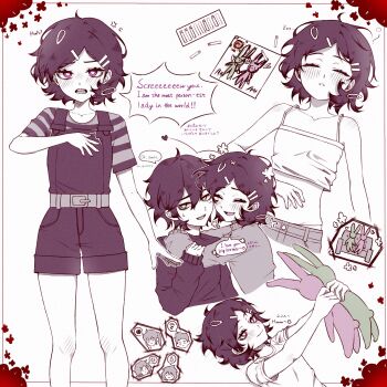 2boys 2girls aged_down andrew_graves ashley_graves bare_shoulders black_hair black_sweater brother_and_sister commentary_request douglas_graves english_text happy heart heart-shaped_pupils highres holding holding_toy hug loli ma26_mikuro multiple_boys multiple_girls navel pink_eyes renee_graves shirt short_hair siblings smile stuffed_toy sweater symbol-shaped_pupils the_coffin_of_andy_and_leyley toy white_shirt