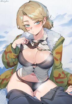 1girl absurdres black_bra black_necktie black_panties black_pants blue_eyes bra breasts closed_mouth clothes_pull collared_shirt commentary english_commentary highres jacket large_breasts looking_at_viewer navel necktie original outdoors panties pants pants_pull partially_unbuttoned shirt sin_(sintrybest) sitting snow solo underwear white_shirt