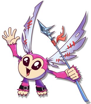 Rule 34 | belt, digimon, digimon (creature), highres, lance, open mouth, picklemon, polearm, solo, weapon, wings