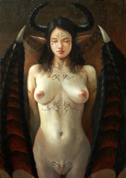 1girl arms_at_sides black_hair black_wings body_markings breasts cleft_of_venus closed_mouth commentary_request completely_nude cowboy_shot demon_girl demon_horns demon_wings highres horns kaworu_(pixiv2055) medium_breasts medium_hair navel nipples nude oil_painting_(medium) original painting_(medium) pointy_ears pussy realistic red_lips solo stomach traditional_media uncensored wings