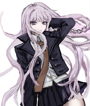 1girl black_gloves braid brown_necktie collared_shirt commentary_request cowboy_shot danganronpa:_trigger_happy_havoc danganronpa_(series) gloves grey_hair highres jacket kirigiri_kyoko long_hair long_sleeves looking_at_viewer necktie open_clothes open_jacket purple_eyes rom9461 shirt side_braid simple_background skirt solo white_background