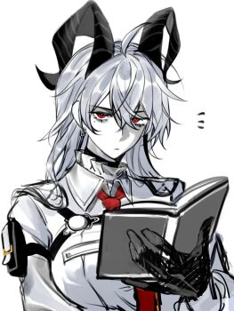 1girl black_gloves black_horns book curled_horns gloves grey_hair highres holding holding_book horns long_hair looking_at_viewer mole mole_under_eye red_eyes simple_background solo t-29_(shuangheizhenhao83346) white_background wuthering_waves zani_(wuthering_waves)