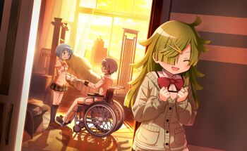 1boy 2girls ^_^ aki_mabayu artist_request bed black_shoes black_skirt black_socks blue_eyes blue_hair blunt_bangs blunt_ends bow bowtie brown_shoes building buttons cardigan chair clenched_hands closed_eyes cloud collared_jacket collared_shirt cowboy_shot curtains doorway dot_nose eye_contact full_body gakuran game_cg giving green_cardigan green_hair grey_hair hair_ornament hair_over_one_eye hairclip happy high_collar highres holding holding_paper hospital hospital_bed indoors jacket jewelry kamijou_kyousuke kneehighs knees lace lace-trimmed_shirt lace-trimmed_sleeves lace_trim lake layered_shirt lens_flare light_blush long_hair long_sleeves looking_at_another magia_record:_mahou_shoujo_madoka_magica_gaiden mahou_shoujo_madoka_magica mahou_shoujo_madoka_magica_magia_exedra messy_hair miki_sayaka miniskirt mitakihara_school_uniform mountainous_horizon multiple_girls official_art on_chair open_mouth pants paper plaid_clothes plaid_skirt pleated_skirt pocket puffy_long_sleeves puffy_sleeves red_bow red_bowtie ring school_uniform shadow shirt shoes short_hair sitting skirt skyscraper sleeve_cuffs sleeves_past_wrists smile socks standing sunset tareme uwabaki wheelchair white_jacket white_pants white_shirt window yellow_shirt yellow_skirt