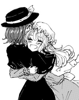2girls :d arms_around_waist black_capelet black_hat black_skirt black_socks blonde_hair blush bow brown_hair capelet closed_eyes commentary dress greyscale hair_between_eyes hat hat_bow hug kashiwada_kiiho long_dress long_hair long_sleeves maribel_hearn mob_cap monochrome multiple_girls open_mouth revision sash shirt short_hair simple_background skirt sleeve_cuffs smile socks surprised touhou usami_renko white_background white_bow white_hat yuri