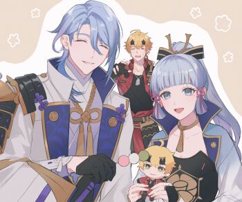 1girl 2boys :d ^_^ absurdres ahoge arm_guards armor ayaka_(genshin_impact) belt black_gloves black_shirt blonde_hair blue_eyes blue_hair blunt_bangs blunt_tresses blush breastplate bridal_gauntlets brother_and_sister brown_background brown_belt character_doll closed_eyes collarbone commentary_request cropped_jacket dango dog_tags doll eyelashes fake_horns fingerless_gloves flower_symbol food genshin_impact gloves gold_trim hair_between_eyes hair_ornament hair_over_shoulder half_gloves hand_up hands_up headband high_ponytail highres holding holding_doll holding_food horned_headwear horns jacket japanese_armor japanese_clothes jewelry kamisato_ayato kimono lapels long_hair long_sleeves looking_at_viewer medium_hair mole mole_under_eye mole_under_mouth multiple_boys neck_ring open_clothes open_jacket open_mouth outstretched_arm parted_bangs parted_lips ponytail popped_collar purple_kimono red_jacket rope sanshoku_dango shirt shoulder_armor siblings sidelocks simple_background single_sode smile sode sweatdrop swept_bangs tassel teeth thoma_(genshin_impact) two-tone_background upper_body upper_teeth_only wagashi white_background white_jacket wide_sleeves yadama_(ydm_2w)