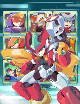 2girls 4boys absurdres armor blonde_hair book_cover_redraw cropped_jacket crotch_plate derivative_work energy_gun feet_out_of_frame fistleo_(mega_man) green_eyes gun helmet highres holding holding_gun holding_weapon horns jacket long_hair lurerre_(mega_man) mega_man_(series) mega_man_zx model_zx_(mega_man) multiple_boys multiple_girls open_mouth pandora_(mega_man) prometheus_(mega_man) red_armor red_helmet red_jacket saturnserkel serpent_(mega_man) single_horn smile solo_focus vent_(mega_man) weapon