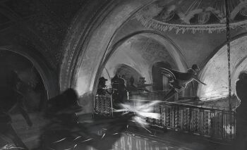 Rule 34 | 6+others, aiming, artist name, black coat, chain, chandelier, coat, firing, fur collar, greyscale, gun, hat, holding, holding gun, holding weapon, hood, hood up, indoors, jumping, monochrome, multiple others, original, outdoors, outstretched arms, people, railing, reflective floor, scenery, signature, weapon, zandra