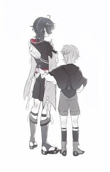 2boys aged_down ahoge artist_name bag birthmark blunt_ends bridal_legwear capelet clothes_grab facing_away from_behind full_body furisode garter_straps genshin_impact greyscale hand_up highres hood hood_down japanese_clothes jewelry juban kimono long_sleeves lyney_(genshin_impact) mitsudomoe_(shape) monochrome multicolored_hair multiple_boys neck_ring nyympha o-ring pom_pom_(clothes) purple_hair red_kimono red_sash sandals sash scaramouche_(genshin_impact) shoes short_sleeves shorts single_sode socks spot_color standing stirrup_legwear streaked_hair tassel toeless_legwear tomoe_(symbol) zouri