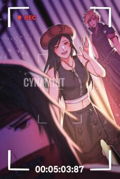 1girl 2boys apron arm_ribbon bare_shoulders black_apron black_hair black_shorts black_vest blonde_hair blurry blurry_foreground blush cloud_strife commentary cowboy_hat crop_top cynam1nt english_commentary fenrir_(final_fantasy) final_fantasy final_fantasy_vii final_fantasy_vii:_advent_children hat highres long_hair looking_at_viewer midriff multiple_boys open_mouth recording red_eyes ribbon selfie shirt short_hair shorts single_shoulder_pad sleeveless sleeveless_shirt spiked_hair tifa_lockhart vest vincent_valentine waist_apron