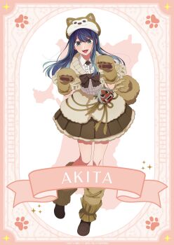 Rule 34 | 1girl, absurdres, animal ears, animal hat, aqua eyes, blue hair, blush, bow, bowtie, brown bow, brown bowtie, brown hat, brown shoes, brown skirt, dress, fox ears, fox hat, gloves, hat, highres, hirayama kanna, kurokawa akane, long hair, mask, multicolored hat, official art, oni mask, open mouth, oshi no ko, shirt, shoes, simple background, skirt, smile, solo, unworn mask, white shirt