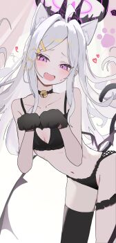 1girl absurdres ahoge amanome121 animal_ear_fluff animal_ears animal_hands bare_shoulders bell black_bra black_choker black_horns black_panties black_thighhighs blue_archive blush bra breasts cat_ears cat_paws cat_tail choker clothing_cutout collarbone crying crying_with_eyes_open demon_girl demon_horns demon_wings dot_nose embarrassed fang gloves hair_ornament hairclip half-closed_eyes halo hands_up heart heart_cutout highres hina_(blue_archive) horns jingle_bell kemonomimi_mode leaning_forward loli long_hair looking_at_viewer low_wings multiple_horns navel neck_bell open_mouth panties parted_bangs paw_gloves paw_pose purple_eyes single_thighhigh small_breasts solo standing stomach sweatdrop tail tears teeth thghs thigh_strap thighhighs underwear upper_teeth_only very_long_hair white_hair wings zettai_ryouiki