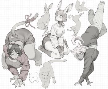 3girls all_fours animal_ears animal_feet arched_back bird blush body_fur braid breasts cat cat_ears cat_girl cat_tail clothing_cutout collared_shirt commentary_request cougar dark-skinned_female dark_skin ears_down frown furry furry_female greyscale grid_background hair_ornament hairclip half_up_braid hands_on_lap handstand heart_cutout highres hikimayu jumping kgm large_breasts long_sleeves looking_at_viewer looking_to_the_side medium_breasts monochrome multiple_girls original pawpads rabbit rabbit_ears rabbit_girl rabbit_tail ribbed_socks ribbed_sweater ribbed_thighhighs ribbon shirt short_hair short_shorts shorts shrug_(clothing) sitting socks sweater sweater_under_shirt tail tail_ornament tail_ribbon tail_through_clothes thick_thighs thighhighs thighs top-down_bottom-up turtleneck turtleneck_sweater wariza wavy_mouth wide_hips