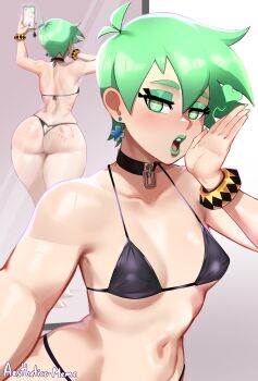 1girl absurdres aestheticc-meme ass ass_cutout bikini black_bikini breasts butt_crack cellphone choker clothing_cutout earrings green_eyes green_hair green_lips green_nails heart_cutout highres huge_ass jewelry lipstick makeup mint_(gerph) mirror navel open_mouth original phone reflection selfie short_hair slap_mark small_breasts solo spanked swimsuit symbol-shaped_pupils thong_bikini
