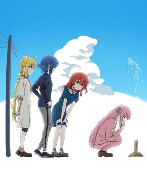 Rule 34 | 4girls, absurdres, ahoge, black footwear, blonde hair, blue dress, blue hair, blue shirt, bocchi the rock!, brown eyes, brown footwear, closed eyes, closed mouth, cube hair ornament, dress, gotoh hitori, green eyes, grey pants, hair between eyes, hair ornament, highres, ijichi nijika, jacket, kita ikuyo, long hair, long sleeves, multiple girls, oekaki bibbi, one side up, pants, pink hair, pink jacket, pink pants, red hair, shirt, shoes, short hair, short sleeves, smile, track jacket, white dress, yamada ryo