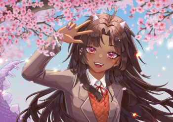 Rule 34 | 1girl, :d, absurdres, ahoge, angrycomputer studio, arm up, black hair, blue sky, blush, cherry blossoms, close-up, dark-skinned female, dark skin, doki doki literature club school uniform, dragon horns, dragon tail, earrings, heart, heart-shaped pupils, heart ahoge, highres, horns, jewelry, long hair, looking at viewer, nail polish, open mouth, original, purple nails, purple tail, red eyes, school uniform, sky, smile, symbol-shaped pupils, tail, w