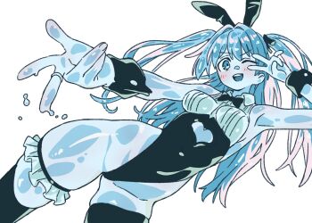 1girl ashikare black_leotard clothing_cutout heart_cutout leotard long_hair monster_girl one_eye_closed original playboy_bunny slime_girl solo thighhighs v