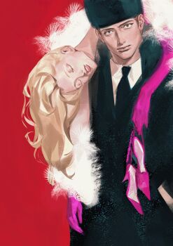 1boy 1girl alexander_(veil) black_coat black_hat black_necktie blonde_hair closed_eyes closed_mouth coat commentary elbow_gloves emma_(veil) gloves hat highres holding holding_shoes holding_unworn_clothes hug hug_from_behind long_hair necktie orange_hair parted_lips pink_gloves red_background shirt shoes simple_background sunnnliwx unworn_shoes upside-down veil_(manga) white_shirt