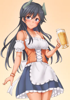 1girl adapted_costume alcohol anti_(untea9) barmaid beer beer_mug black_hair blush breasts commentary_request cup dirndl dress german_clothes gradient_background headgear highres i-400_(kancolle) kantai_collection long_hair looking_at_viewer medium_breasts mug smile solo tan yellow_background