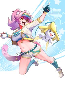 1girl :d absurdres alternate_costume animal_ear_fluff animal_ears aqua_belt aqua_gloves aqua_socks belt breasts cleavage commentary crop_top cropped_jacket english_commentary eyelashes fangs fingerless_gloves full_body gen_3_pokemon gloves hair_intakes hat highres holding holding_poke_ball hololive hololive_english jacket jirachi legendary_pokemon long_hair midriff multicolored_hair mythical_pokemon navel nintendo open_clothes open_jacket open_mouth orange_eyes outstretched_arm panther_ears panther_girl panther_tail pink_hair pointing poke_ball poke_ball_(basic) pokemon pokemon_(creature) ponytail raora_panthera shirt shoes short_shorts shorts smile socks star_(symbol) streaked_hair tail teeth upper_teeth_only virtual_youtuber visor_cap white_hair white_hat white_jacket white_shirt white_shoes white_shorts yodokogon