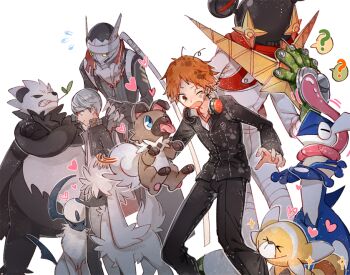 4boys ? absol alternate_color bewear brown_hair clothed_robot crossover dog frog furfrou gen_3_pokemon gen_6_pokemon gen_7_pokemon greninja grey_hair hanamura_yousuke heart huan_li izanagi_(persona_4) jiraiya_(persona_4) messy_hair multiple_boys narukami_yu nintendo pangoro persona persona_4 pokemon pokemon_(creature) robot rockruff school_uniform shiny_pokemon sweat yasogami_school_uniform