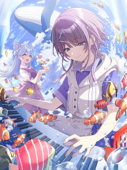 2girls absurdres agarie_nagi aqua_hair artist_request blue_eyes blue_shirt bow closed_mouth clownfish double_bun dress fish hair_bow hair_bun hair_ornament hairclip hairpin highres hirose_miina hood hoodie instrument long_hair medium_hair multicolored_dress multiple_girls music official_art open_mouth piano playing_instrument playing_piano purple_hair shine_post shirt short_sleeves sleeveless sleeveless_hoodie splashing very_long_hair whale white_hoodie yellow_eyes