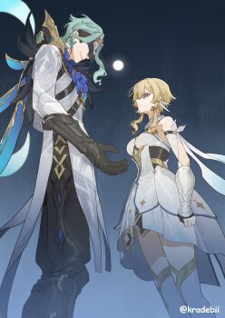 1boy 1girl absurdres arm_armor bare_shoulders black_gloves black_mask black_pants blonde_hair boots breasts coat commentary covered_eyes detached_sleeves dottore_(genshin_impact) dress english_commentary evil_smile expressionless eye_mask feather_hair_ornament feathers feet_out_of_frame flower full_moon genshin_impact gloves green_hair hair_flower hair_ornament highres kradebii looking_at_another lumine_(genshin_impact) mask medium_breasts mixed-language_commentary moon night offering_hand outdoors pants scarf short_hair_with_long_locks smile thigh_boots twitter_username white_boots white_coat white_dress white_scarf yellow_eyes