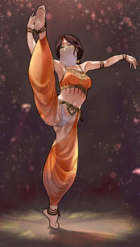 1girl arms_up barefoot black_eyes breasts brown_hair dancer dancing highres leg_up long_hair looking_at_viewer mask original sato-san_(yewang19) solo standing standing_on_one_leg toes underwear veil yewang19