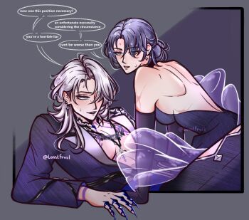 2girls backless_dress backless_outfit bare_shoulders black_dress blush breasts chest_tattoo chief_(path_to_nowhere) claws cleavage commentary dress ear_piercing earrings elbow_gloves english_commentary english_text female_chief_(path_to_nowhere) gloves grey_background grey_eyes grey_hair highres jacket jewelry large_breasts long_hair losstfrost multiple_girls necklace open_clothes open_jacket parted_lips path_to_nowhere piercing purple_background purple_gloves purple_hair scar scar_on_arm speech_bubble sweat tattoo twitter_username two-tone_background yuri zoya_(path_to_nowhere)