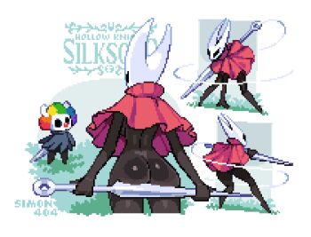 1girl 1other artist_name ass black_bodystocking capelet clown commentary copyright_name english_commentary grass hollow_knight hollow_knight:_silksong hornet_(hollow_knight) horns humanization knight_(hollow_knight) multicolored_hair multiple_views nail_(hollow_knight) needle_(hollow_knight) pixel_art rainbow_hair red_capelet sim0n404 string wig