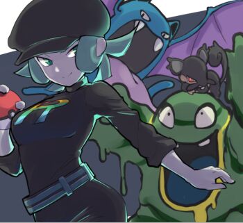 1girl 2018 alolan_form alolan_grimer alolan_rattata bat_(animal) bat_wings belt chuuhiji_elc fangs gen_1_pokemon gen_7_pokemon gloves golbat green_eyes grey_background hat monster mouse_(animal) nintendo poke_ball pokemon pokemon_(creature) pokemon_sm red_eyes slime smile team_rainbow_rocket team_rainbow_rocket_grunt turtleneck wings