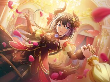 Rule 34 | 2girls, beast (fairy tale character), beast (fairy tale character) (cosplay), beauty and the beast (fairy tale), black dress, black hair, blurry, blurry foreground, cosplay, demon horns, dress, fake claws, fake horns, fake tail, falling petals, game cg, grey eyes, holding hands, horns, kobato ryouko, long hair, looking at viewer, moriyasu kuina, multiple girls, official art, parted lips, petals, shoujo kageki revue starlight, shoujo kageki revue starlight -re live-, solo focus, standing, tail, upper body