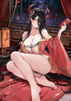 Rule 34 | 1girl, absurdres, azur lane, bare shoulders, barefoot, black hair, breasts, cleavage, collarbone, commentary, dress, falling petals, feet, friedrich der grosse (azur lane), friedrich der grosse (boudoir's lingering flame) (azur lane), gold trim, hair between eyes, hair ornament, hair over one eye, hair spread out, hand up, head tilt, highres, holding, horns, indoors, lantern, large breasts, laurels, legs, light particles, long hair, long hair between eyes, long sleeves, looking at viewer, mechanical horns, night, off shoulder, official alternate costume, open window, parted lips, petals, print sleeves, railing, red dress, red horns, red petals, see-through clothes, see-through sleeves, sijinni, sitting, smile, solo, sweat, thighs, toes, tree, underboob, very long hair, wide sleeves, window, wooden railing, yellow eyes