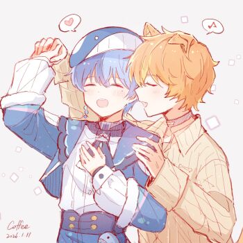 2boys animal_ears aoyagi_touya ariescoooooooo blush closed_eyes collar commentary_request dog_ears hand_grab hand_on_another's_shoulder hand_on_own_chest hat heart highres implied_yaoi kemonomimi_mode long_sleeves male_focus mole mole_under_eye multiple_boys musical_note narase_beauitful_sound!_(project_sekai) official_alternate_costume official_alternate_hairstyle open_mouth orange_hair project_sekai rise_as_one!_(project_sekai) shinonome_akito smile speech_bubble teeth watermark