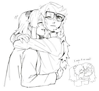 2girls :d blush commentary english_text glasses gmeg011 greyscale hairband highres hug imminent_kiss koishikawa_iko long_hair long_sleeves momijiyama_teru monochrome multiple_girls one_eye_closed open_mouth shirt shy_(series) smile symbol-only_commentary teeth yuri