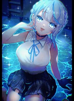 1girl :p amagai_ruka blue_eyes blue_hair blue_ribbon braid chainsaw_man choker cosplay grey_hair highres in_water looking_at_viewer multicolored_hair nail_polish reze_(chainsaw_man) reze_(chainsaw_man)_(cosplay) ribbon satsuki_(pixiv_742410) shirt skirt sleeveless sleeveless_shirt solo tongue tongue_out virtual_youtuber water weather_planet white_shirt