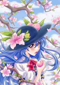 1girl absurdres black_hat blue_hair blue_sky blush bow bowtie branch center_frills cloud cloudy_sky commentary_request day eating falling_petals floating_hair flower food food_on_face frills fruit hair_between_eyes hat hat_ornament highres hinanawi_tenshi holding holding_food holding_fruit leaf_hat_ornament long_hair ookimi_gusoku_mushi open_mouth outdoors peach peach_hat_ornament petals pink_flower puffy_sleeves red_bow red_bowtie red_eyes sky solo touhou upper_body