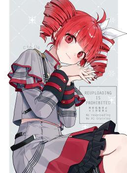 1girl ahoge alternate_hairstyle artist_name black_socks blunt_bangs blush closed_mouth commentary ctd_114 drill_hair frilled_skirt frills grey_background grey_jacket grey_skirt hair_ribbon highres jacket kasane_teto kasane_teto_(sv) kneehighs long_sleeves looking_at_viewer nail_polish outside_border pillarboxed red_eyes red_hair red_nails ribbon short_hair skirt socks solo sweatdrop synthesizer_v twin_drills utau watermark white_ribbon