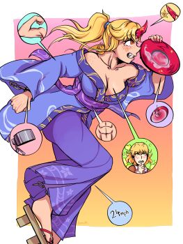abs absurdres bennjye blonde_hair blue_kimono breasts cleavage clenched_hand clenched_teeth collarbone cuffs cup fangs floral_print floral_print_skirt freckles from_side green_eyes highres holding holding_plate horns hoshiguma_yuugi japanese_clothes kimono mizuhashi_parsee obi orange_eyes plate platform_sandals pointing_out_the_details pointy_ears ponytail print_skirt purple_skirt red_horns red_nails sakazuki sandals sash sidelocks single_horn skirt teeth touhou wave_print yukata