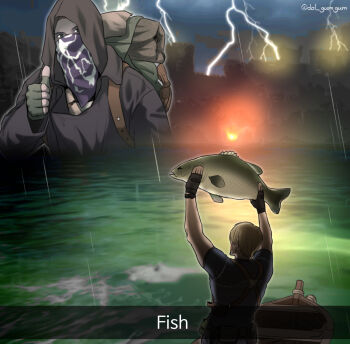 2boys animal arms_up artist_name backpack bag black_gloves black_shirt blonde_hair boat dol_gumgum english_text fish gloves green_gloves hashtag-only_commentary highres holding holding_animal holding_fish hood hood_up lake leon_s._kennedy lightning male_focus merchant_(resident_evil) multiple_boys outdoors photo-referenced resident_evil resident_evil_4 shirt snapchat thumbs_up twitter_username water watercraft