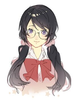 1girl black_hair closed_mouth commentary_request glasses hair_ornament hair_scrunchie highres long_hair looking_at_viewer low_twintails neck_ribbon noge_tomoko persona persona_5 persona_5:_the_phantom_x pink_scrunchie purple_eyes red_ribbon ribbon scrunchie simple_background smile solo twintails user_szfv8342 white_background