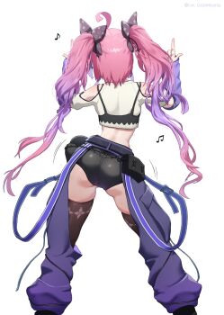 1girl ass belt_pouch black_ribbon black_shorts brown_thighhighs commentary cropped_shirt dancing english_commentary from_behind gradient_hair hair_ribbon highres hololive hololive_dev_is kikirara_vivi long_hair lw_goombang multicolored_hair musical_note pants pink_hair pouch purple_pants ribbon shorts simple_background solo thighhighs twintails virtual_youtuber white_background