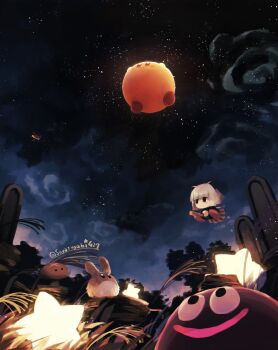 absurdres animal_ears backlighting black_dress black_eyes blush_stickers broom broom_riding cat_ears cloud dress flying geromazudake glowing gooey_(kirby) grass highres keke_(kirby) kirby kirby_(series) looking_up night night_sky nintendo polof ripple_star sky smile star_(sky) star_(symbol) starry_sky suyasuyabi ufo_(kirby) white_hair