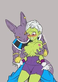 1boy 1girl artist_request beerus breasts cheelai colored_skin dragon_ball dragon_ball_super dragon_ball_super_broly green_skin hetero highres imminent_penetration medium_breasts nude presenting sex sex_from_behind sexually_suggestive short_hair shorts white_hair