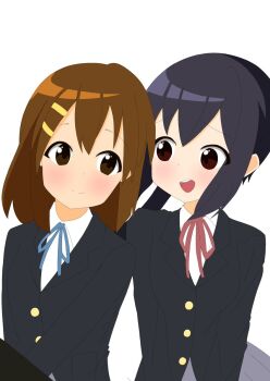 Rule 34 | 2girls, black hair, blush, brown eyes, brown hair, closed mouth, feet out of frame, female focus, hair between eyes, hair ornament, hairclip, hirasawa yui, k-on!, komugimugiomugi, long hair, long sleeves, looking at another, looking at viewer, multiple girls, nakano azusa, open mouth, ribbon, sakuragaoka high school uniform, school uniform, shirt, short hair, simple background, skirt, smile, standing, teeth, twintails, white background, white shirt