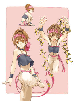1girl arms_up baggy_pants barbell_piercing bare_arms bare_shoulders barefoot black_choker black_tube_top bracelet brown_hair choker closed_mouth collar earrings flat_chest hair_between_eyes hairband hidari_(left_side) jewelry looking_at_viewer midriff momoko_(kof) nail_polish navel navel_piercing open_mouth orange_eyes outstretched_arms pants piercing pink_background ribbon short_hair smile snk solo spread_arms standing standing_on_one_leg strap strapless the_king_of_fighters the_king_of_fighters_xi toenail_polish toenails tube_top wristband