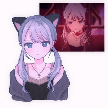 1girl animal_ears bare_shoulders black_camisole blue_eyes camisole cat_ears cropped_torso grey_hair highres jewelry low_twintails necklace off_shoulder open_mouth project_sekai reference_inset remo_(nemupric) simple_background solo twintails white_background yoisaki_kanade